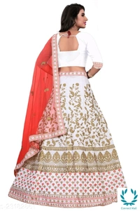 Beautiful Semi Stitched lehenga Choli - Free Size, White, Red, Satain Dupatta Fabric : Net, Embroidered, Multipack :1